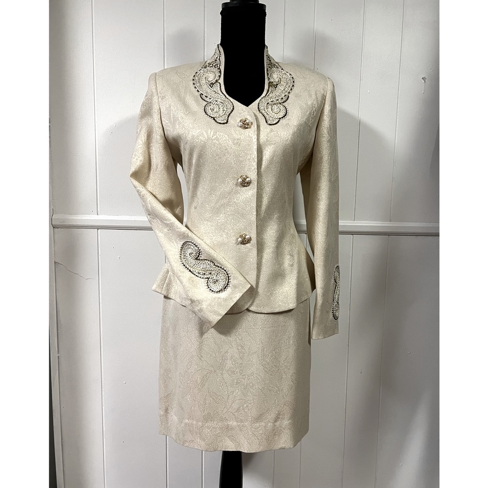 Vintage Albert Nipon Ivory Beaded Evening Suit -S… - image 1